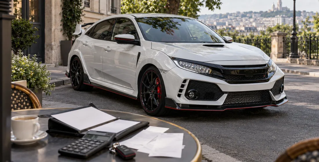 Honda Civic Type R rouge sur route, compacte sportive japonaise vue de trois quarts avant